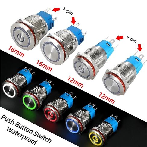 Push Button Switch 12/16mm Metal Waterproof Momentary Latching Car Engine Power 220V Red Blue, 1pcs(Blue Power,12MM_MOM Wire_220V) in Kuwait