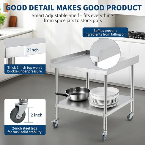 Heavy Duty Stainless Steel Commercial Work Table with Wheels, Adjustable Undershelf & Backsplash, NSF Certified, 400 LBS Capacity, 24x24x30 Inch Prep Station for Kitchen, Restaurant and Outdoor Grill in Kuwait