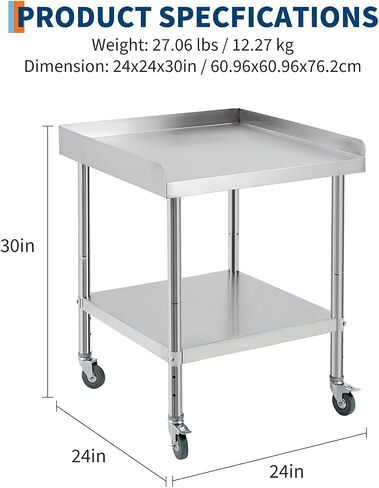 Heavy Duty Stainless Steel Commercial Work Table with Wheels, Adjustable Undershelf & Backsplash, NSF Certified, 400 LBS Capacity, 24x24x30 Inch Prep Station for Kitchen, Restaurant and Outdoor Grill in Kuwait