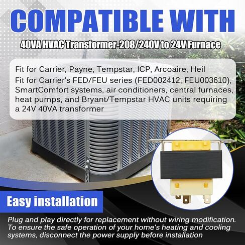 محول 40VA HVAC - 208/240 فولت إلى 24 فولت مناسب للفرن، Payne، Tempstar، ICP، Arcoaire، Heil لاستبدال HT01CN241 1172028 BE28316007 in Kuwait