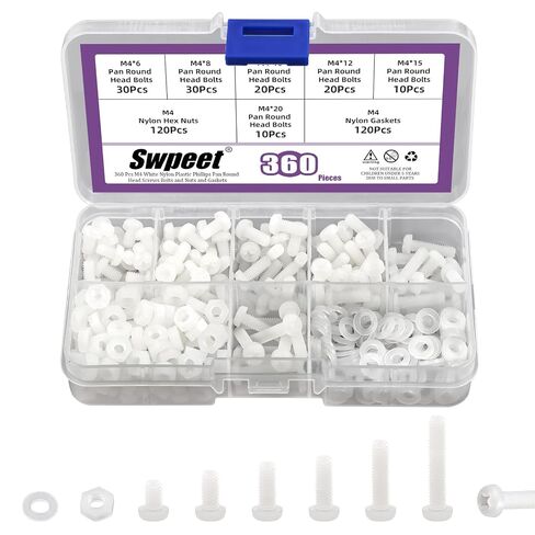 Swpeet 360Pcs 6 Sizes M2 White Nylon Pan Round Head Screws with Hex Nuts and Gaskets Assortment Kit, Nylon Phillips Cross Pan Round Head Screw, Nylon Plastic Machine Screws, Length 4/5/6/8/10/12mm in Kuwait