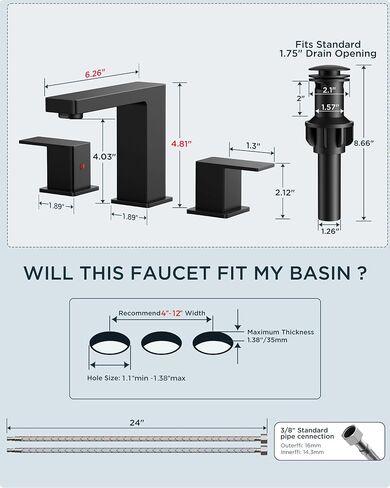 FORIOUS Black Bathroom Faucet 3 Hole, Matte Black Bathroom Sink Faucet 8 Inch Widespread, 2 Handle for Restroom Sink with Pop Up Drain, CUPC Supply Hose and Spare Water Saving Aerator, Vanity 3 Holes in Kuwait