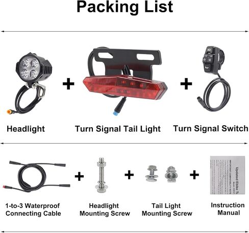 Waterproof Connector EBike Light Kit with Turn Signal Tail Light, Electric Bike Headlight 36V 48V, Switch and 1T3 Connecting Cable, Front Light with Horn in Kuwait