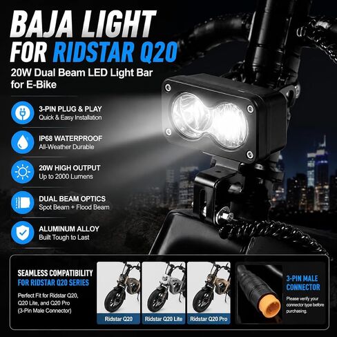 Baja Light for Ridstar Q20, 20W 6000-6500K LED Light Bar for Ebike, 3-Pin Dual Beam E-Bike Headlight, IP68 Waterproof Plug and Play Headlamp with Mount Bracket for Ridstar Q20 Accessories in Kuwait