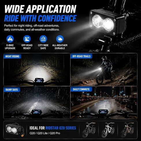 Baja Light for Ridstar Q20, 20W 6000-6500K LED Light Bar for Ebike, 3-Pin Dual Beam E-Bike Headlight, IP68 Waterproof Plug and Play Headlamp with Mount Bracket for Ridstar Q20 Accessories in Kuwait