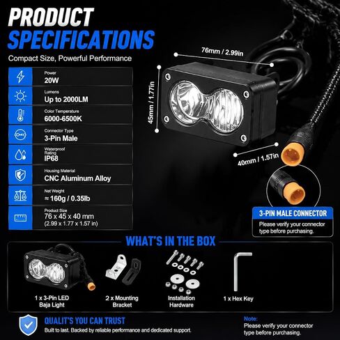 Baja Light for Ridstar Q20, 20W 6000-6500K LED Light Bar for Ebike, 3-Pin Dual Beam E-Bike Headlight, IP68 Waterproof Plug and Play Headlamp with Mount Bracket for Ridstar Q20 Accessories in Kuwait