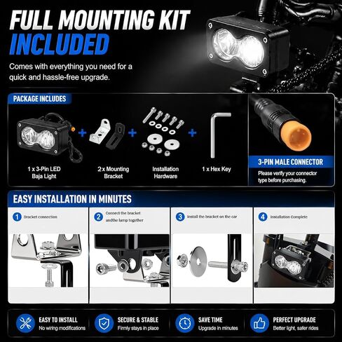Baja Light for Ridstar Q20, 20W 6000-6500K LED Light Bar for Ebike, 3-Pin Dual Beam E-Bike Headlight, IP68 Waterproof Plug and Play Headlamp with Mount Bracket for Ridstar Q20 Accessories in Kuwait