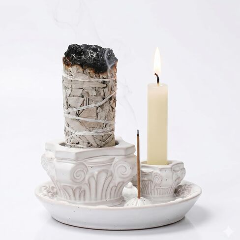 4-in-1 Ceramic Incense Holder & Ash Catcher Tray, Multi-Functional Design for Sage, Palo Santo, Incense Sticks, and Candles- Elegant White Tray for Meditation, Yoga and Home Decor in Kuwait