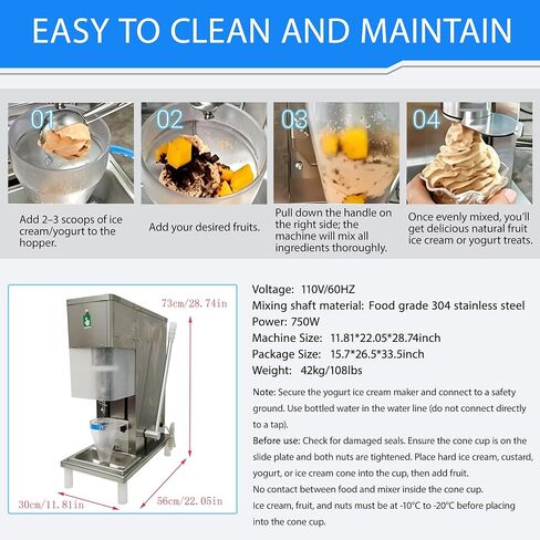 Commercial Fruit Ice Cream Mixer, 110V Frozen Yogurt Blender with 2PCS Conical Cups, 304 Stainless Steel Milkshake Stirring Machine with Water Overflow Alarm&Low Noise for Dessert Shop Cafe in Kuwait