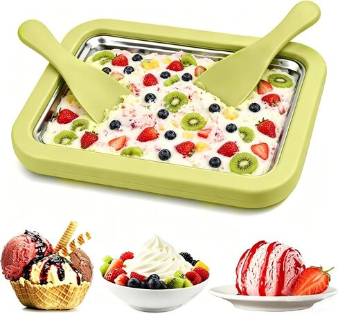 Ice Cream Tray,Rolled Ice Cream Maker Kit (Green) | DIY, With 2 Scrapers,No Electricity Required,Stainless Steel, Freezing Plate for Rolled Ice Cream, Frozen Yogurt, Sorbet in Kuwait