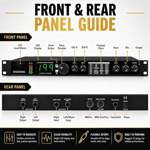 معالج TsoLay Digital Reverb متعدد التأثيرات DSP، معادل معالج الصوت KTV مع 99 إعدادًا مسبقًا، 199 مؤثرًا صوتيًا، معالجة إشارة 24 بت وتقليل الضوضاء التلقائي للاستوديو، واستخدام المسرح in Kuwait