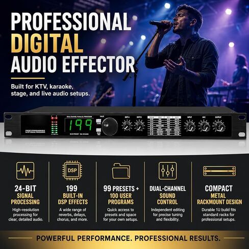 معالج TsoLay Digital Reverb متعدد التأثيرات DSP، معادل معالج الصوت KTV مع 99 إعدادًا مسبقًا، 199 مؤثرًا صوتيًا، معالجة إشارة 24 بت وتقليل الضوضاء التلقائي للاستوديو، واستخدام المسرح in Kuwait