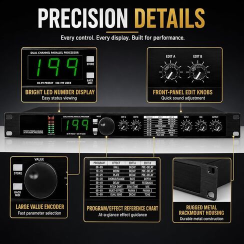 معالج TsoLay Digital Reverb متعدد التأثيرات DSP، معادل معالج الصوت KTV مع 99 إعدادًا مسبقًا، 199 مؤثرًا صوتيًا، معالجة إشارة 24 بت وتقليل الضوضاء التلقائي للاستوديو، واستخدام المسرح in Kuwait