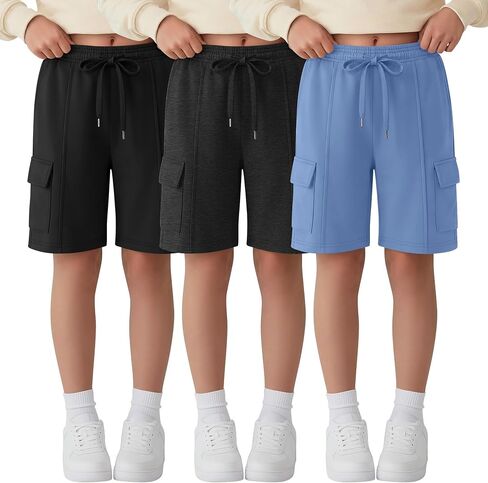 Ficerd 3 Pack Girl's Cargo Bermuda Shorts Kids Summer Knee Length Shorts Teens Drawstring Loose SweatShorts with Pockets in Kuwait