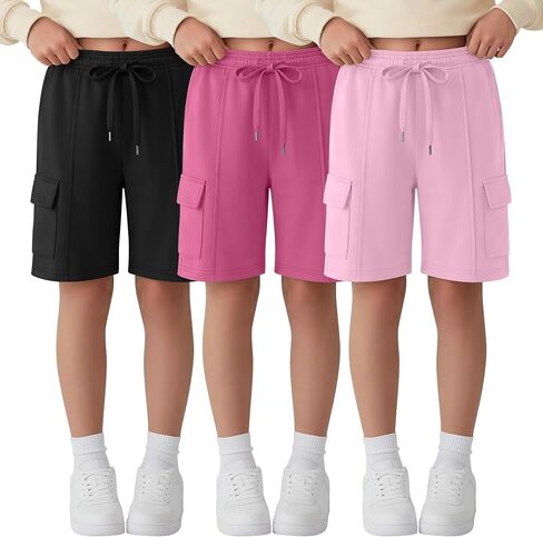 Ficerd 3 Pack Girl's Cargo Bermuda Shorts Kids Summer Knee Length Shorts Teens Drawstring Loose SweatShorts with Pockets in Kuwait