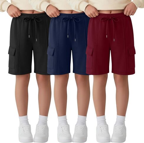 Ficerd 3 Pack Girl's Cargo Bermuda Shorts Kids Summer Knee Length Shorts Teens Drawstring Loose SweatShorts with Pockets in Kuwait