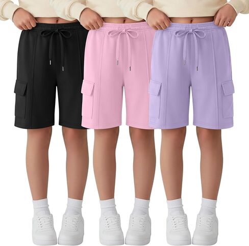 Ficerd 3 Pack Girl's Cargo Bermuda Shorts Kids Summer Knee Length Shorts Teens Drawstring Loose SweatShorts with Pockets in Kuwait