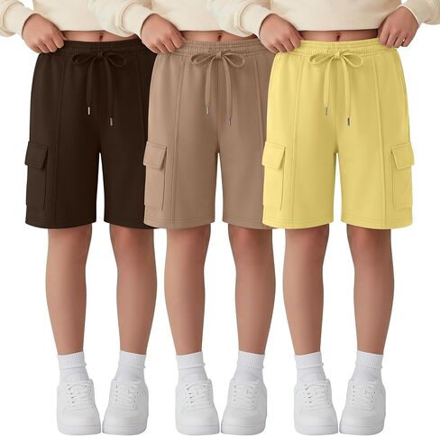 Ficerd 3 Pack Girl's Cargo Bermuda Shorts Kids Summer Knee Length Shorts Teens Drawstring Loose SweatShorts with Pockets in Kuwait