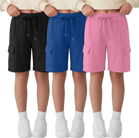 Ficerd 3 Pack Girl's Cargo Bermuda Shorts Kids Summer Knee Length Shorts Teens Drawstring Loose SweatShorts with Pockets in Kuwait