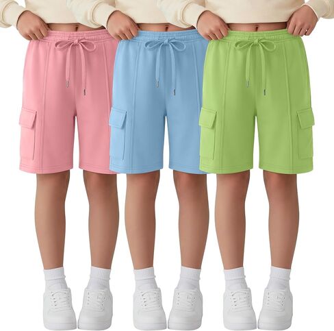 Ficerd 3 Pack Girl's Cargo Bermuda Shorts Kids Summer Knee Length Shorts Teens Drawstring Loose SweatShorts with Pockets in Kuwait