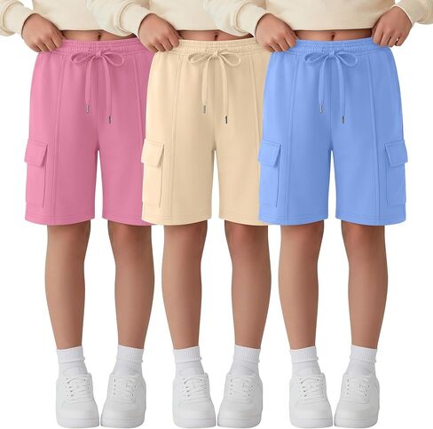 Ficerd 3 Pack Girl's Cargo Bermuda Shorts Kids Summer Knee Length Shorts Teens Drawstring Loose SweatShorts with Pockets in Kuwait