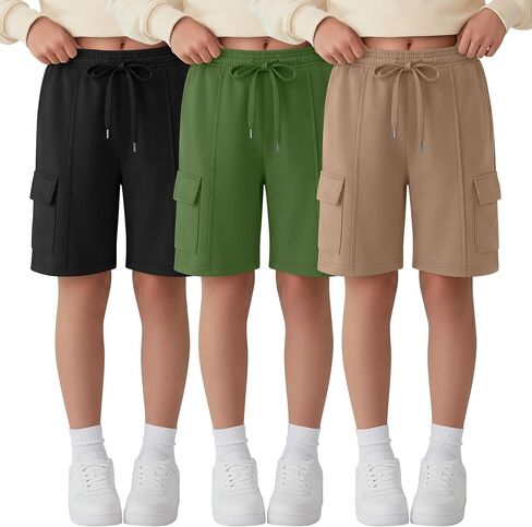Ficerd 3 Pack Girl's Cargo Bermuda Shorts Kids Summer Knee Length Shorts Teens Drawstring Loose SweatShorts with Pockets in Kuwait