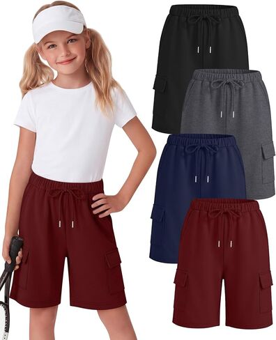 Halfchet 4 حزمة الفتيات السراويل برمودا البضائع الرباط شورت طويل طول الركبة SweatShorts فضفاضة عارضة للأعمار 5-14 سنة in Kuwait