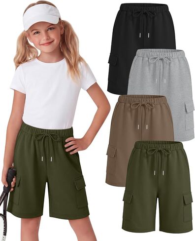 Halfchet 4 حزمة الفتيات السراويل برمودا البضائع الرباط شورت طويل طول الركبة SweatShorts فضفاضة عارضة للأعمار 5-14 سنة in Kuwait
