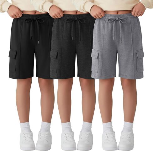 Ficerd 3 Pack Girl's Cargo Bermuda Shorts Kids Summer Knee Length Shorts Teens Drawstring Loose SweatShorts with Pockets in Kuwait