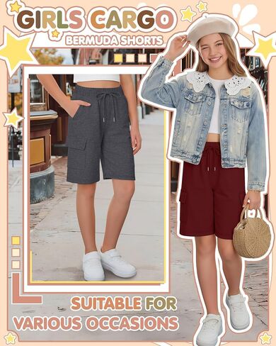 Halfchet 4 حزمة الفتيات السراويل برمودا البضائع الرباط شورت طويل طول الركبة SweatShorts فضفاضة عارضة للأعمار 5-14 سنة in Kuwait