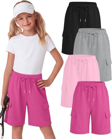 Halfchet 4 حزمة الفتيات السراويل برمودا البضائع الرباط شورت طويل طول الركبة SweatShorts فضفاضة عارضة للأعمار 5-14 سنة in Kuwait