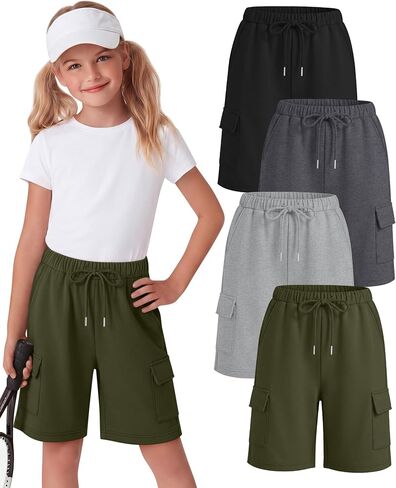 Halfchet 4 حزمة الفتيات السراويل برمودا البضائع الرباط شورت طويل طول الركبة SweatShorts فضفاضة عارضة للأعمار 5-14 سنة in Kuwait