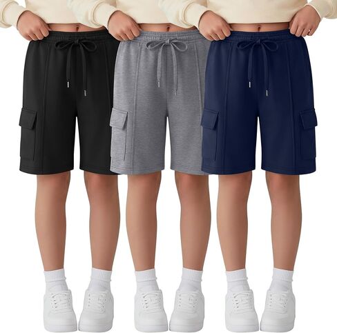 Ficerd 3 Pack Girl's Cargo Bermuda Shorts Kids Summer Knee Length Shorts Teens Drawstring Loose SweatShorts with Pockets in Kuwait