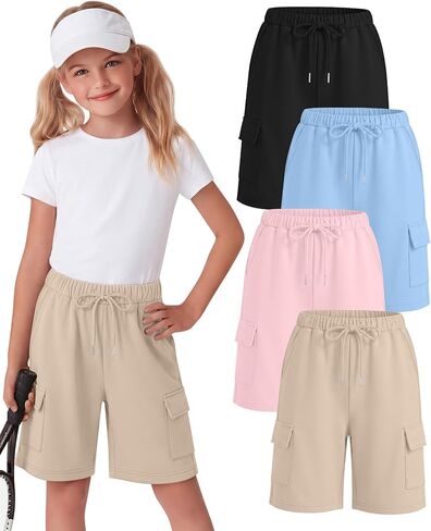 Halfchet 4 حزمة الفتيات السراويل برمودا البضائع الرباط شورت طويل طول الركبة SweatShorts فضفاضة عارضة للأعمار 5-14 سنة in Kuwait