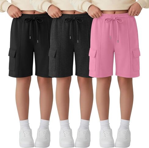 Ficerd 3 Pack Girl's Cargo Bermuda Shorts Kids Summer Knee Length Shorts Teens Drawstring Loose SweatShorts with Pockets in Kuwait