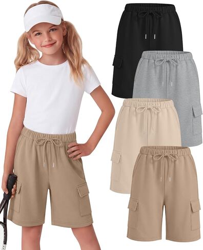 Halfchet 4 حزمة الفتيات السراويل برمودا البضائع الرباط شورت طويل طول الركبة SweatShorts فضفاضة عارضة للأعمار 5-14 سنة in Kuwait