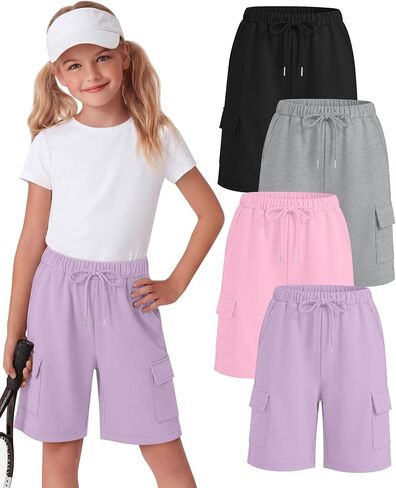 Halfchet 4 حزمة الفتيات السراويل برمودا البضائع الرباط شورت طويل طول الركبة SweatShorts فضفاضة عارضة للأعمار 5-14 سنة in Kuwait