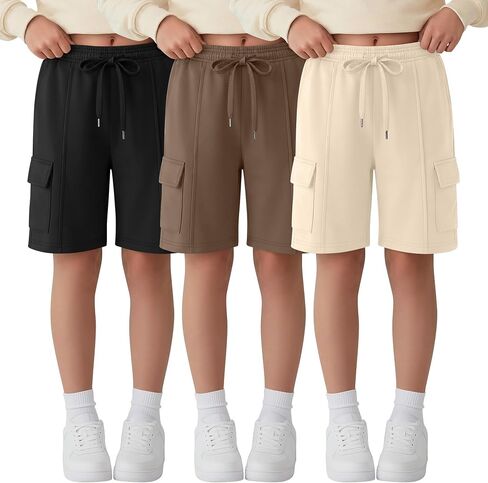 Ficerd 3 Pack Girl's Cargo Bermuda Shorts Kids Summer Knee Length Shorts Teens Drawstring Loose SweatShorts with Pockets in Kuwait