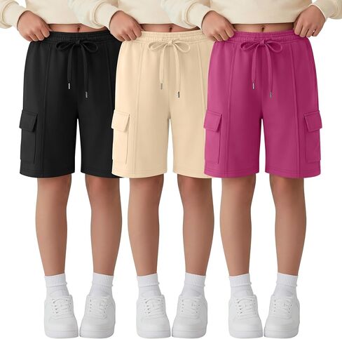 Ficerd 3 Pack Girl's Cargo Bermuda Shorts Kids Summer Knee Length Shorts Teens Drawstring Loose SweatShorts with Pockets in Kuwait