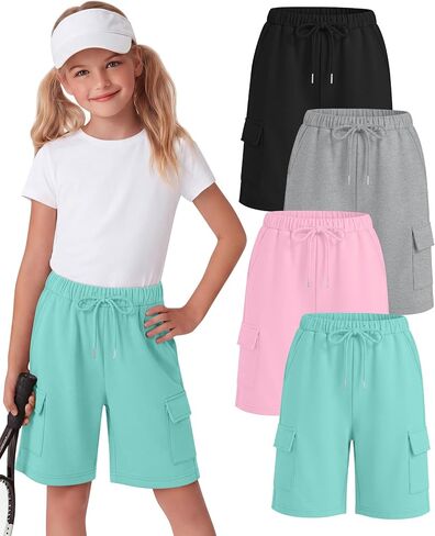 Halfchet 4 حزمة الفتيات السراويل برمودا البضائع الرباط شورت طويل طول الركبة SweatShorts فضفاضة عارضة للأعمار 5-14 سنة in Kuwait