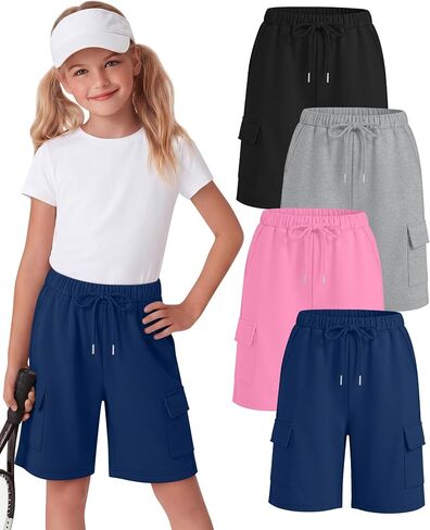 Halfchet 4 حزمة الفتيات السراويل برمودا البضائع الرباط شورت طويل طول الركبة SweatShorts فضفاضة عارضة للأعمار 5-14 سنة in Kuwait