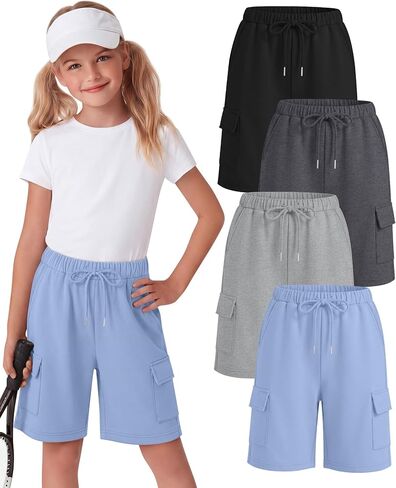 Halfchet 4 حزمة الفتيات السراويل برمودا البضائع الرباط شورت طويل طول الركبة SweatShorts فضفاضة عارضة للأعمار 5-14 سنة in Kuwait