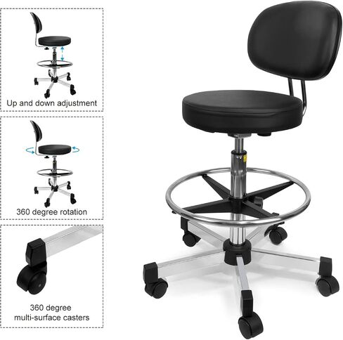 PU Leather Drafting Chair, Height Adjustable Bar Stool with Low Backrest, Sponge Padded Seat and Footring, Lightweight Rolling Stool for Lab, Workshop, Exam Room and Office in Kuwait
