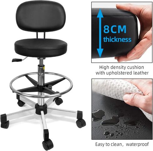 PU Leather Drafting Chair, Height Adjustable Bar Stool with Low Backrest, Sponge Padded Seat and Footring, Lightweight Rolling Stool for Lab, Workshop, Exam Room and Office in Kuwait