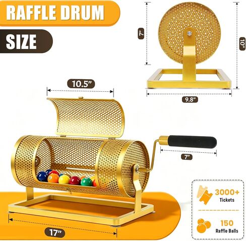 Raffle Drum for Tickets, Large Raffle Ticket Spinner Holds 3,000 Tickets or 150 Balls, Silent & Smooth Raffle Wheel Spinner with Foam Handle, Raffle Ticket Drum for Raffle, Drawing, Bingo Game (Gold) in Kuwait