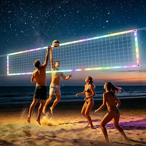 Glow in the Dark Volleyball Net Outdoor with Durable Lights & Reinforced Nylon Borders, Dynamic Night Modes, 46ft High-Tensile Steel Cable for Backyard & Beach (32x3FT) in Kuwait