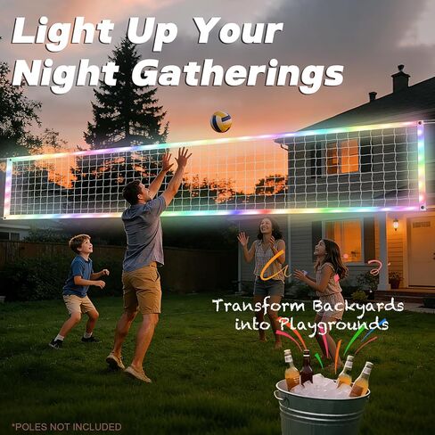 Glow in the Dark Volleyball Net Outdoor with Durable Lights & Reinforced Nylon Borders, Dynamic Night Modes, 46ft High-Tensile Steel Cable for Backyard & Beach (32x3FT) in Kuwait