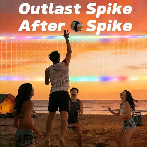 Glow in the Dark Volleyball Net Outdoor with Durable Lights & Reinforced Nylon Borders, Dynamic Night Modes, 46ft High-Tensile Steel Cable for Backyard & Beach (32x3FT) in Kuwait