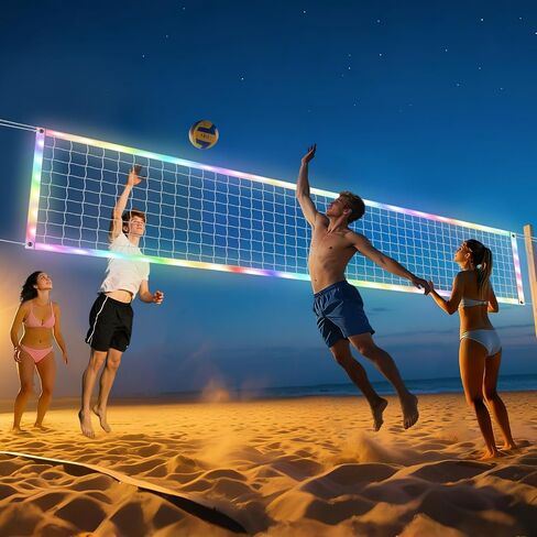 LED Volleyball Net Outdoor with Long-Lasting Lights & Reinforced Tear-Resistant Nylon, Multi-Stunning Night Modes, 46FT Extra-Long Steel Cable for Backyard & Beach (32x3FT) in Kuwait