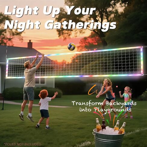 LED Volleyball Net Outdoor with Long-Lasting Lights & Reinforced Tear-Resistant Nylon, Multi-Stunning Night Modes, 46FT Extra-Long Steel Cable for Backyard & Beach (32x3FT) in Kuwait